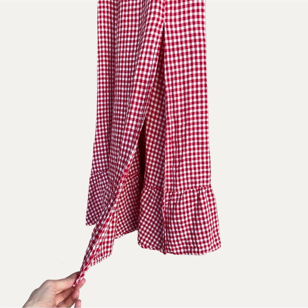 REFORMATION Red Gingham Check Puff Sleeve Cottagecore Linen Belgium Midi Dress - Picture 11 of 16